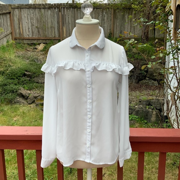 𝅺SALE 5/$25 Sheer White Ruffle Peasant Blouse S - Picture 2 of 5